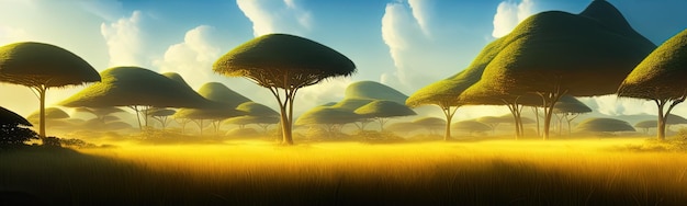 Wild savanna landscape banner Savannah African wildlife with acacia trees grass sand Africa landscape African