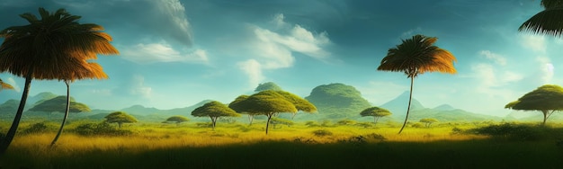 Wild savanna landscape banner Savannah African wildlife with acacia trees grass sand Africa landscape African