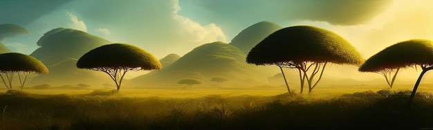 Wild savanna landscape banner Savannah African wildlife with acacia trees grass sand Africa landscape African