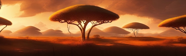 Wild savanna landscape banner Savannah African wildlife with acacia trees grass sand Africa landscape African