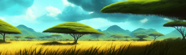 Wild savanna landscape banner Savannah African wildlife with acacia trees grass sand Africa landscape African