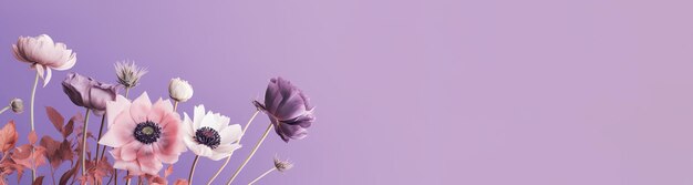 Wild spring and summer flowers on a pastel purple background Generative AI