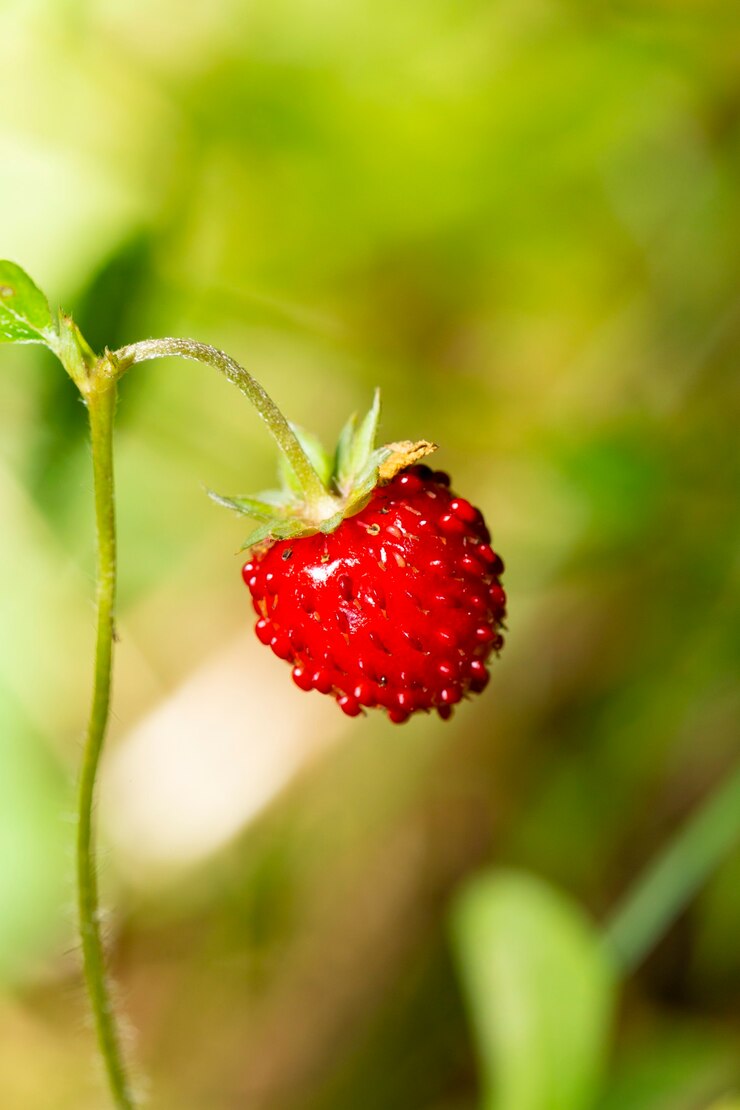 Wild strawberry bush in forest. Red strawberries berry and white flowers in wild meadow