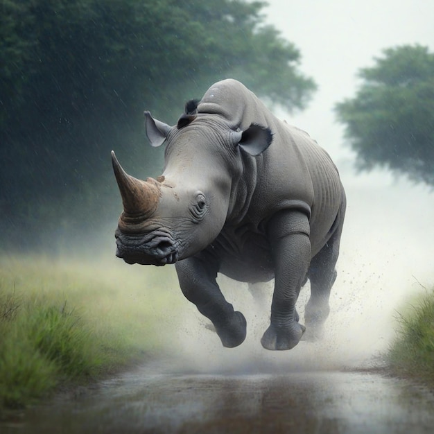 Wild trhino running in the rain