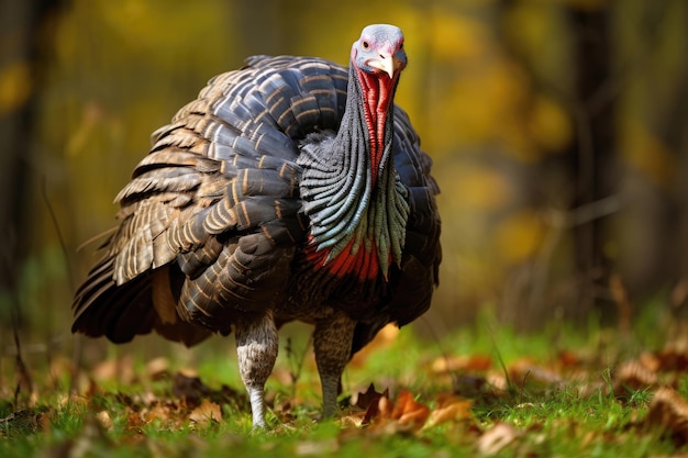 Wild turkey on green grass in the wild