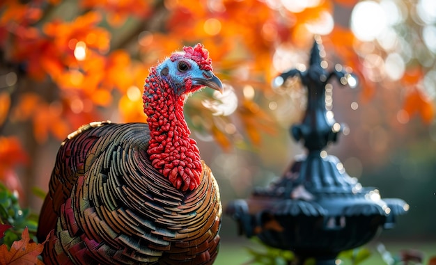 Photo wild turkey is seen in the foreground with fountain in the background