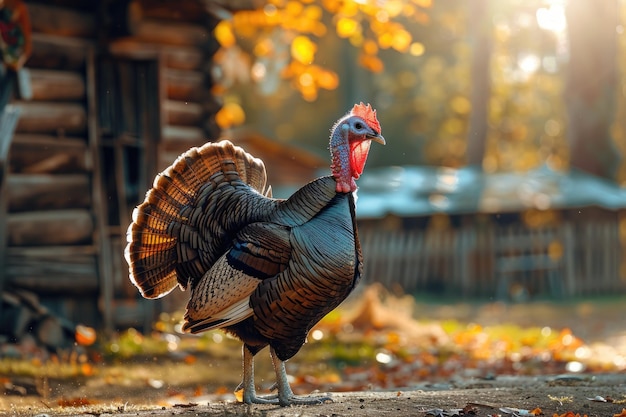 Wild turkey walks a rustic farmyard