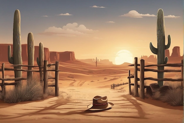 Wild west cartoon compositie met buiten landschap van de woestijn met cowboy laarzen en hoed