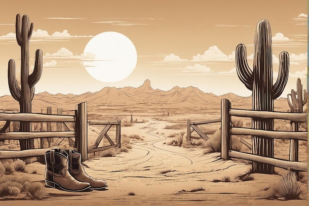 Foto wild west cartoon compositie met buiten landschap van de woestijn met cowboy laarzen en hoed