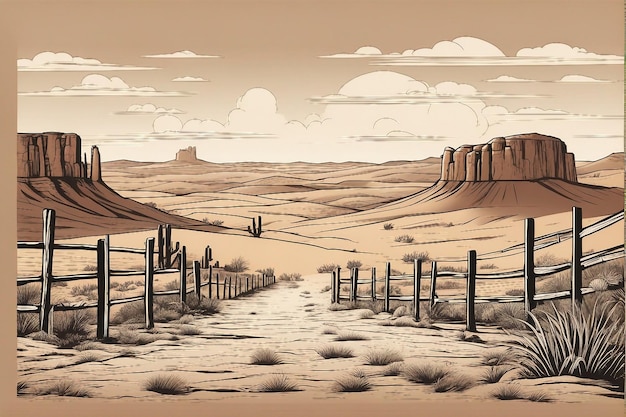Wild west cartoon compositie met buiten landschap van de woestijn met cowboy laarzen en hoed