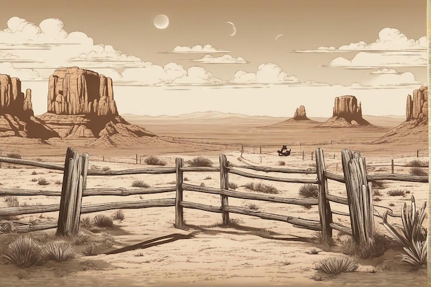 写真 カウボーイのブーツと帽子で砂漠の屋外風景を描いたワイルドウエストの漫画