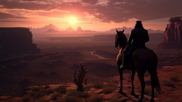 Wild west cowboy on a horse in the background the far west in a desert valley inspired by Arizona