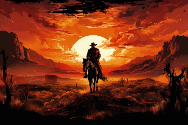 Wild West Cowboy Riding into the Sunset Generative AI