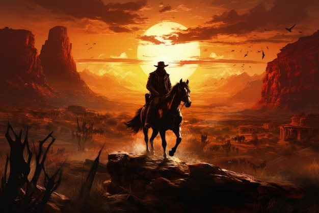 Wild West Cowboy Riding into the Sunset Generative AI