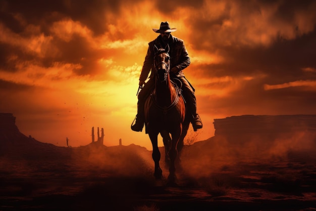 Photo wild west cowboy riding into the sunset generative ai