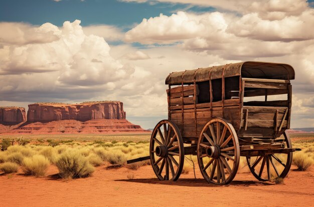 Wild west landscape with old wagon canyons in the background Generative AI