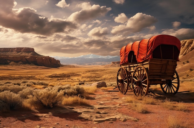 Foto wild west landschap met oude wagen canyons op de achtergrond generatieve ai