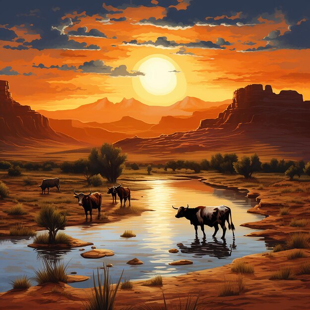 Wild West Sunset Serene Scene with Grazing Cows