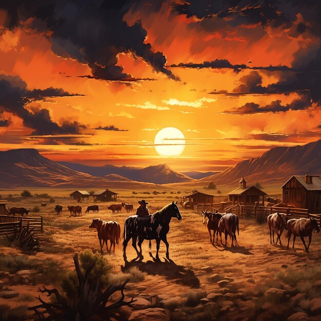 野生 の 西洋 の 夕暮れ の 静か な 景色 と 牧草 する 牛