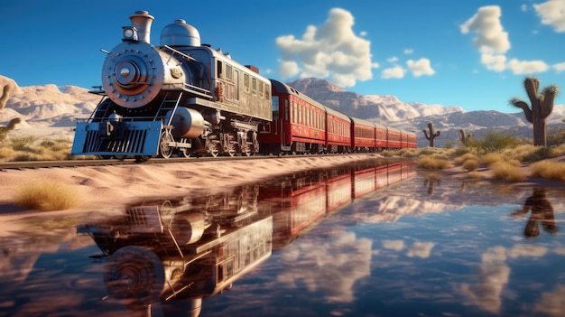 水に反射影のある砂漠の線路上の野生の西部の列車