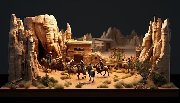 Foto cavalli di cowboy dell'ovest selvaggio diorama modello 3d