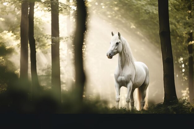 Дикий белый конь, стоящий один в лесу.
