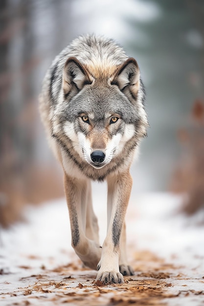 A wild wolf walking a snow street