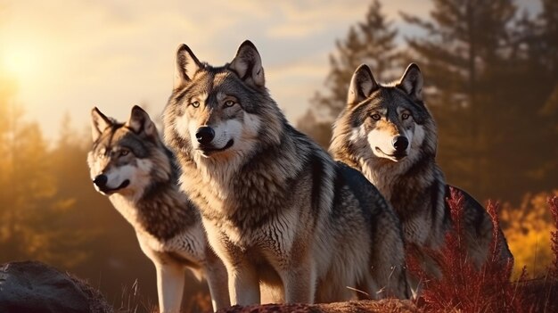 Wild wolfs in nature wilderness Grey Wolf Animal AI Generative