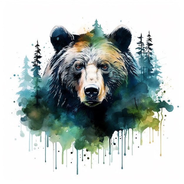 Wild Wonder Tattoo Design of Watercolor Bear and Forest on Flat Surface