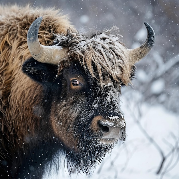A wild yak Bos mutes in the snow in winter Ai generative