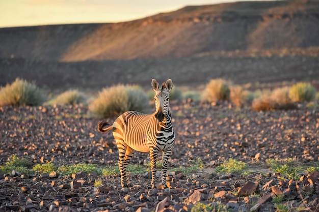 Wild zebras in in African national park Golden hour Sunset