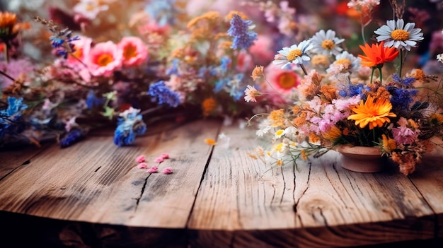 Foto wildbloemen en houten achtergrond van de tafel generatieve ai