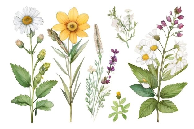 Wildbloemen en kruiden met voorbeeld van een boeket van deze bloemen Botanische collectie