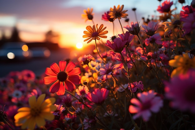 Wildbloemenveld badend in avondglans prachtige zonsopgang afbeelding