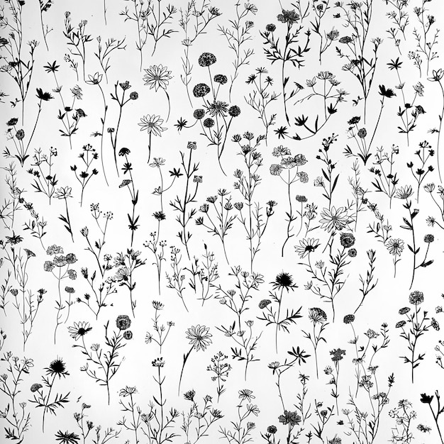 Foto wildbloempatroon zwarte lijntekeningen op wit papier