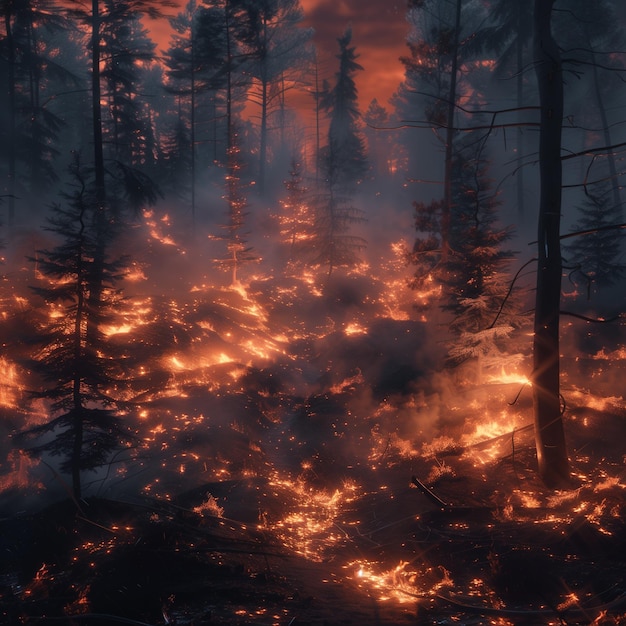 Wildbrand die bomen verwoest in een bosbrandcatastrofe