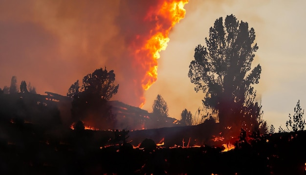 Wildbrand een bosbrand achtergrond met verbrande bomen landschap