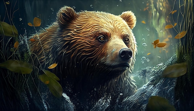 Wilde beer grizzly in generatieve AI van de scène van de regenwoudnatuur