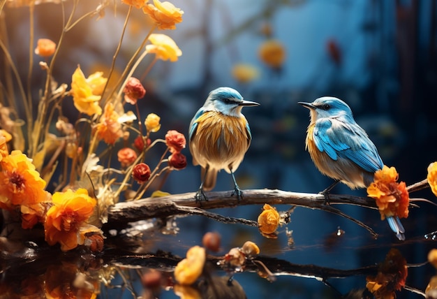 wilde bloemen in de stijl van lichtgeel en licht azuurblauw surrealistisch landschap met felgekleurde vogels
