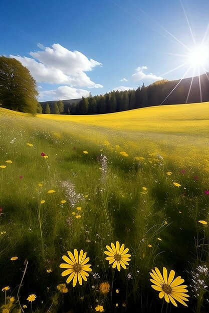 Wilde bloemen weide onder een zonnige hemel