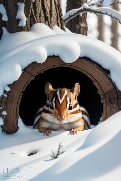 Wilde diereneekhoorn op zoek naar voedsel in een boomgat in het besneeuwde bos in de winter Hd-fotografie