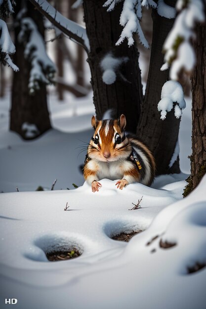 Wilde diereneekhoorn op zoek naar voedsel in een boomgat in het besneeuwde bos in de winter Hd-fotografie