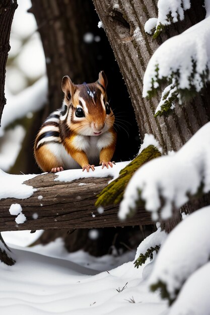 Wilde diereneekhoorn op zoek naar voedsel in een boomgat in het besneeuwde bos in de winter Hd-fotografie