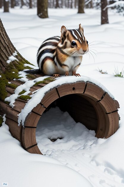 Wilde diereneekhoorn op zoek naar voedsel in een boomgat in het besneeuwde bos in de winter Hd-fotografie