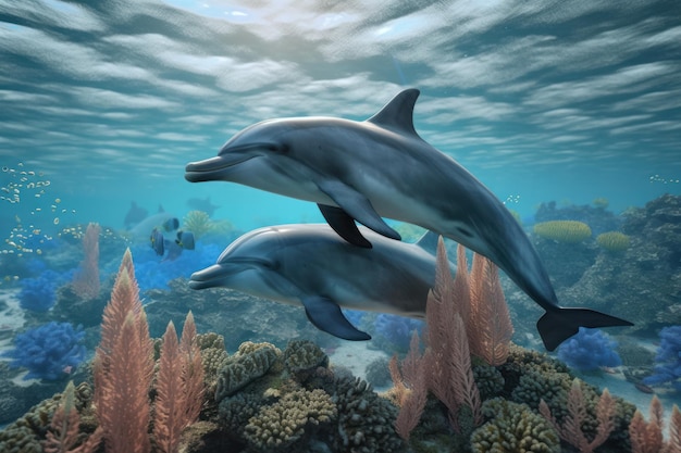 Wilde dolfijnfamilie geniet van hun natuurlijke leefgebied op Wereld Oceaan Dag