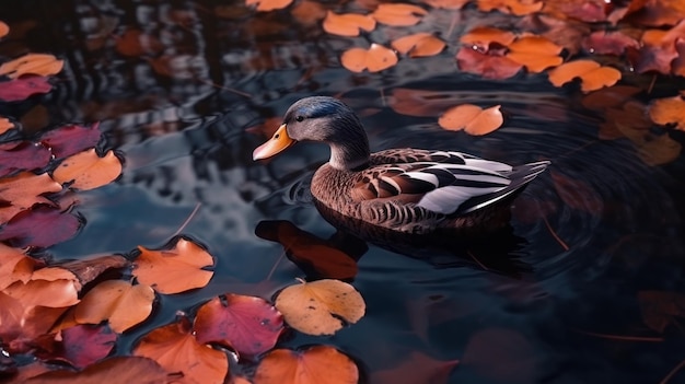 wilde eendeend op een water in een donkere vijver met drijvende herfst- of herfstbladeren