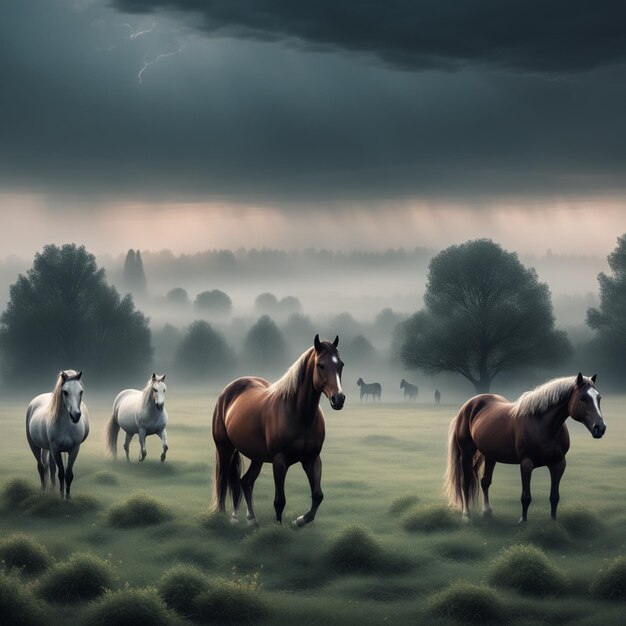 Foto wilde en vrije paarden grazen op een schilderachtige weide