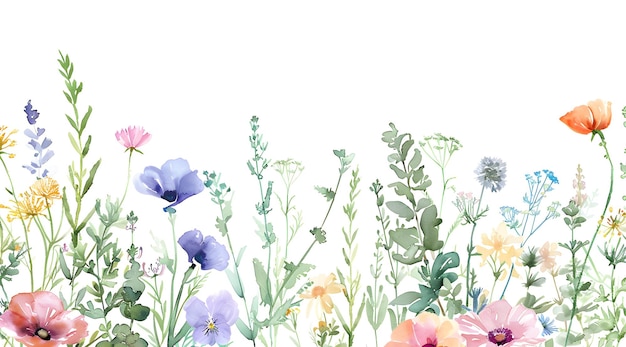 wilde geneeskrachtige weidebloemen en gras op witte achtergrond horizontaal patroon waterverf schilderij realistische illustratie