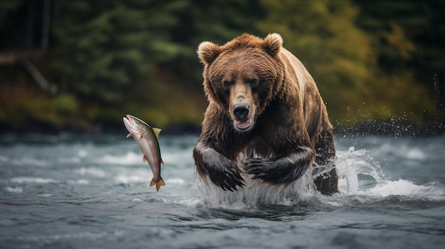 Wilde grizzlyberen vangen zalm bij de Raging River