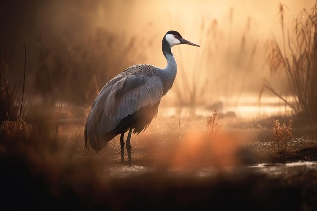 Wilde kraanvogel grus grus lopend op hooiveld in de lente natuur